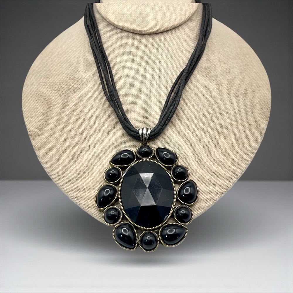 Bold Black Acrylic Pendant on Multi Strand Cords Statement Necklace